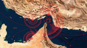 Photorealistic 3D topographic map of a strategic Middle Eastern strait, illustrating geopolitical tension, maritime activity, and potential flashpoints in a critical global waterway