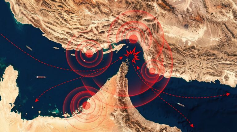 Photorealistic 3D topographic map of a strategic Middle Eastern strait, illustrating geopolitical tension, maritime activity, and potential flashpoints in a critical global waterway