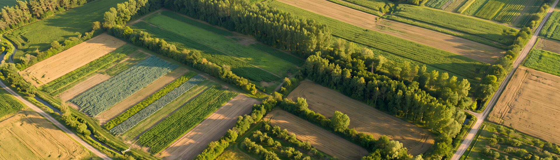 Agroforestry landscape combining trees and agricultural crops to support biodiversity, soil conservation, and sustainable food production