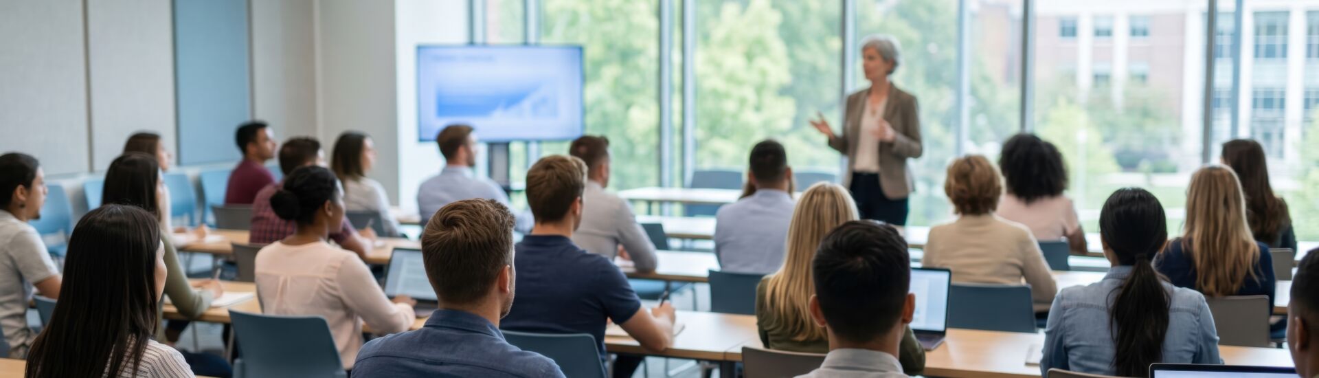 Students attending business lecture in modern classroom