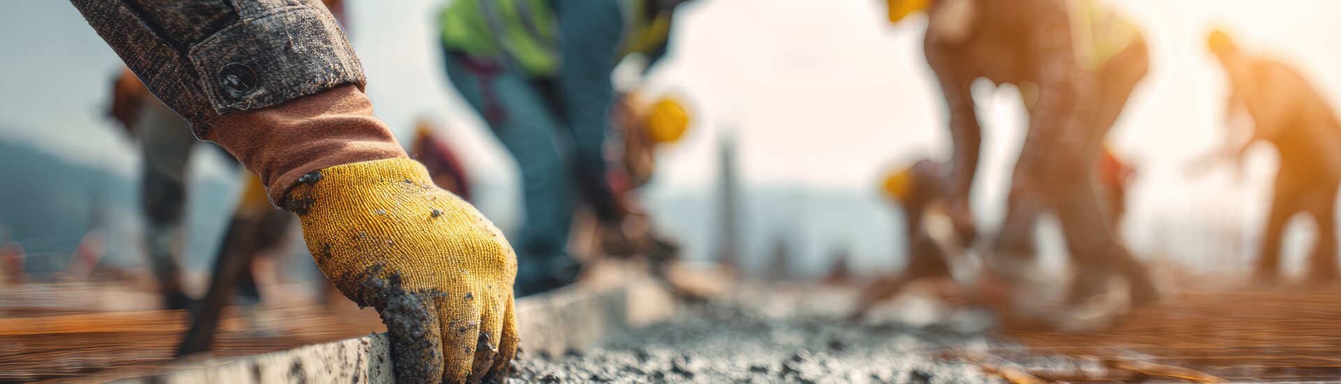 Close-up of worker pouring cement on rebar, others blur in construction under sunlight