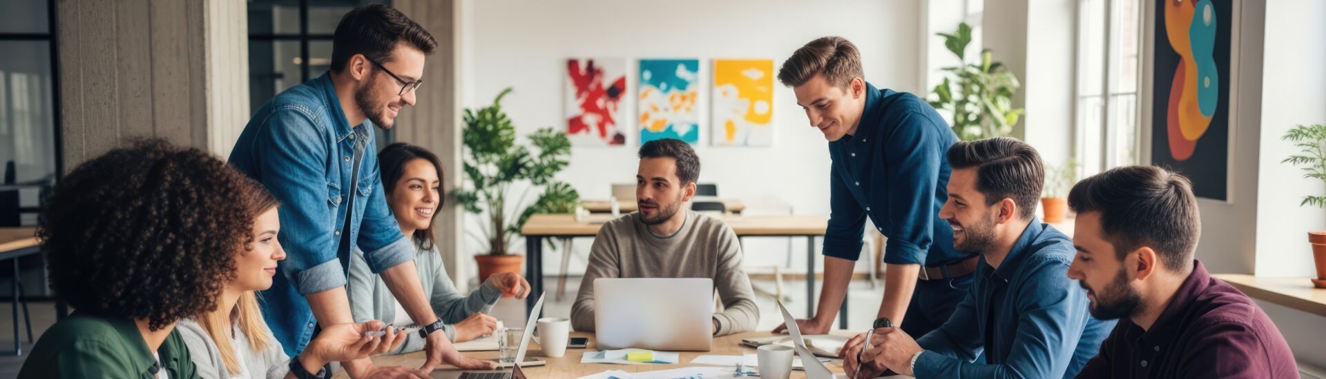 Diverse group of colleagues collaborating around a table during a meeting