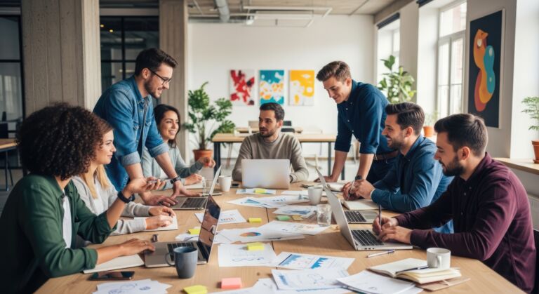 Diverse group of colleagues collaborating around a table during a meeting
