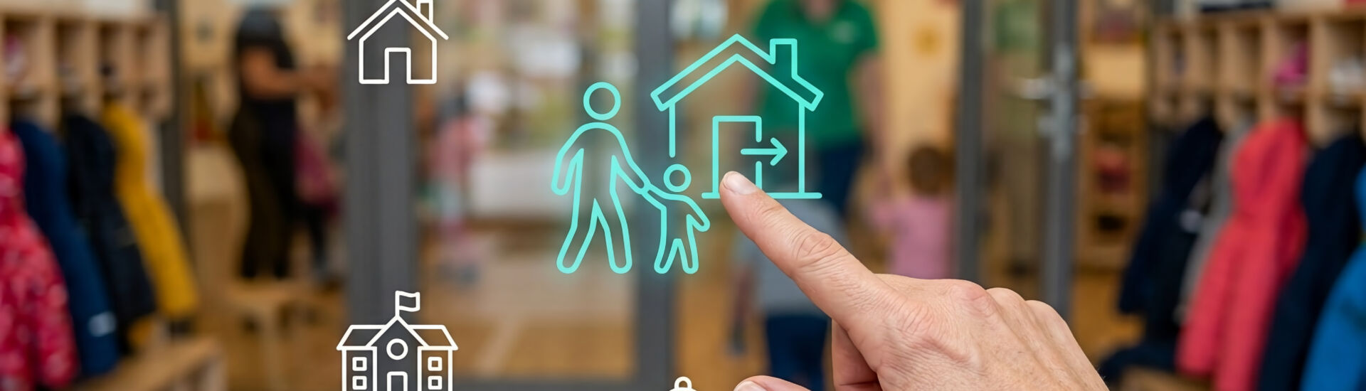 Human Hand Interacting with Smart Education Icons for Child Safety and Kindergarten Management System Concept Photo in School.