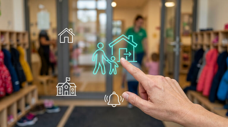 Human Hand Interacting with Smart Education Icons for Child Safety and Kindergarten Management System Concept Photo in School.