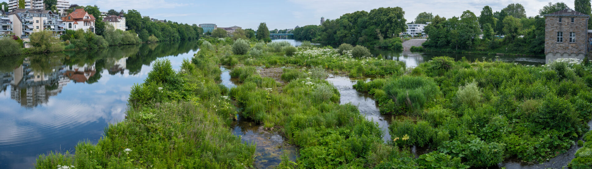 Ruhr River Panorama with Green Floodplain Island viewed from Kassenbergbrücke in Mülheim an der Ruhr