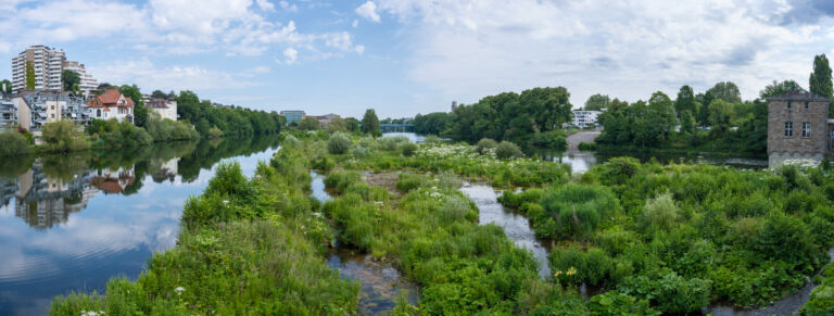Ruhr River Panorama with Green Floodplain Island viewed from Kassenbergbrücke in Mülheim an der Ruhr