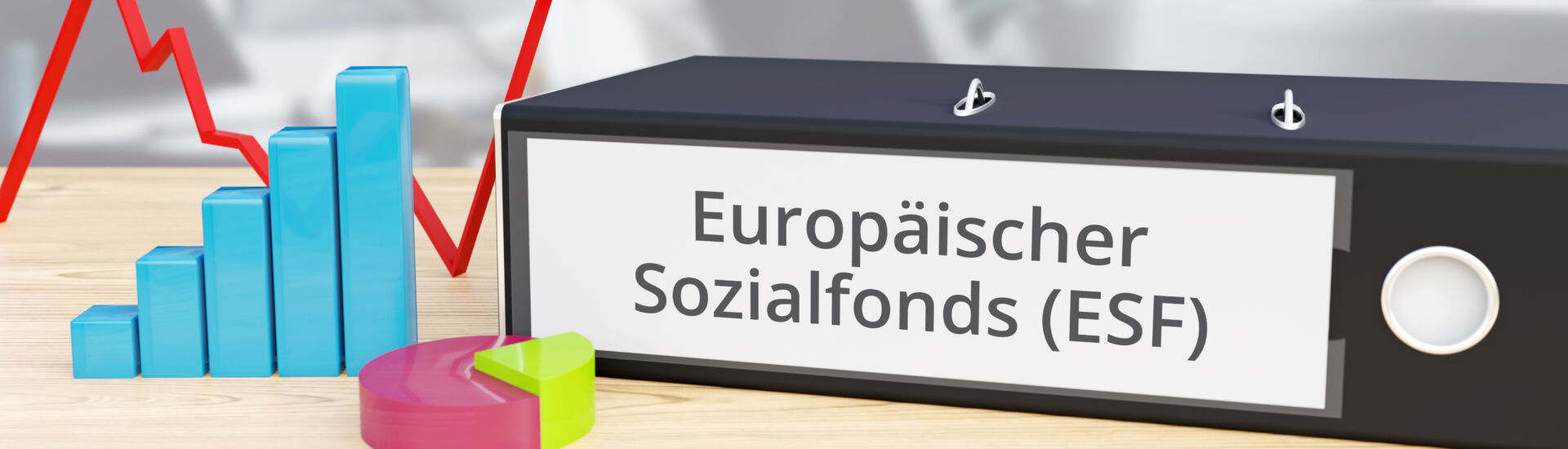 Europäischer Sozialfonds (ESF) – Finanzen/Wirtschaft. Ordner auf Schreibtisch mit Beschriftung neben Diagrammen. Business
