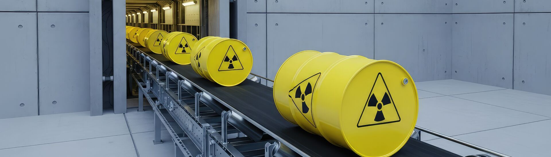 An automated conveyor belt transports yellow radioactive waste drums into a massive, steel-reinforced concrete underground storage vault, transport, radiation, heavy-duty