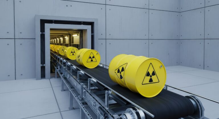 An automated conveyor belt transports yellow radioactive waste drums into a massive, steel-reinforced concrete underground storage vault, transport, radiation, heavy-duty