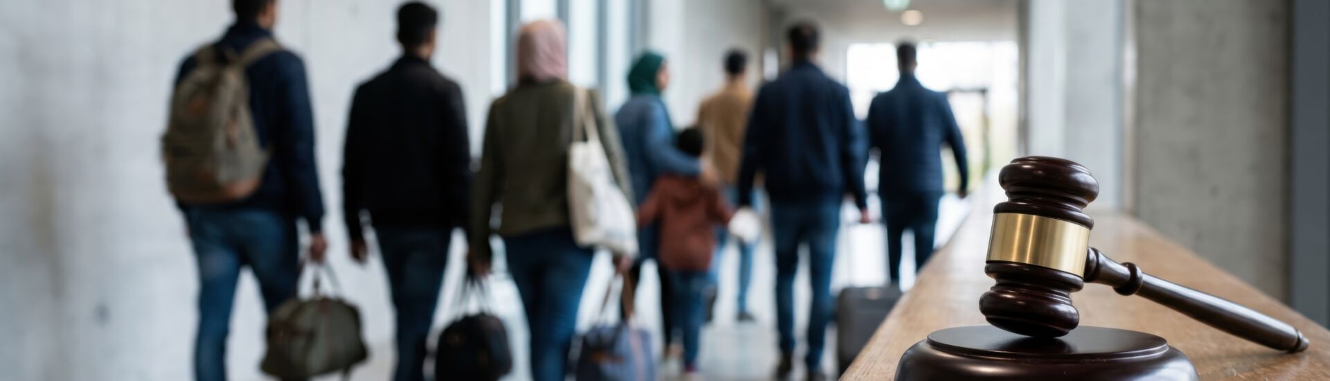 Immigration law court trial with judge gavel and refugees walking with bags in corridor asylum application legal process deportation justice human rights and global migration policy concept