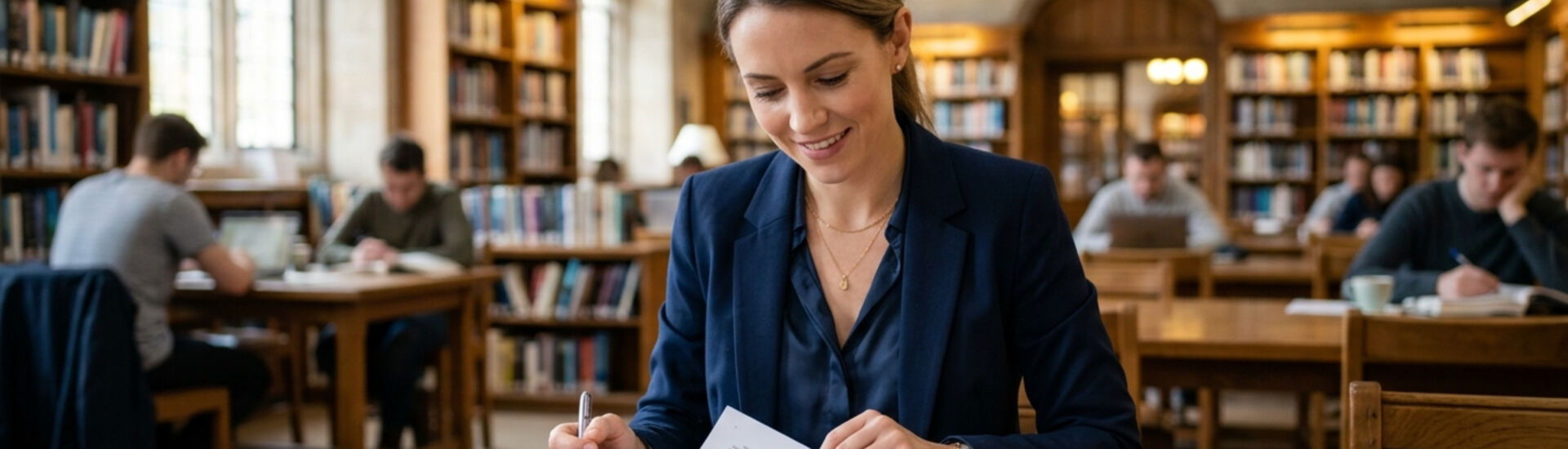 Young Professional Woman Studying and Reviewing Business Documents in a Classic University Library
