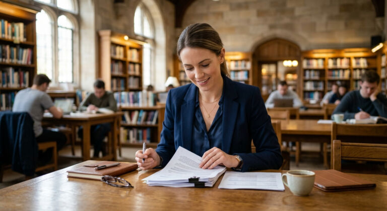 Young Professional Woman Studying and Reviewing Business Documents in a Classic University Library