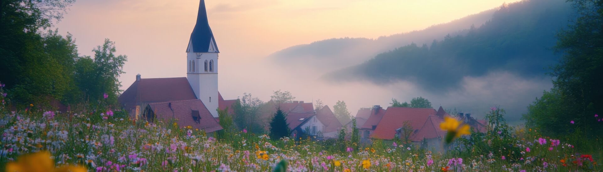 A tranquil view of a village church steeple surrounded by wildflowers at dawn in a misty landscape