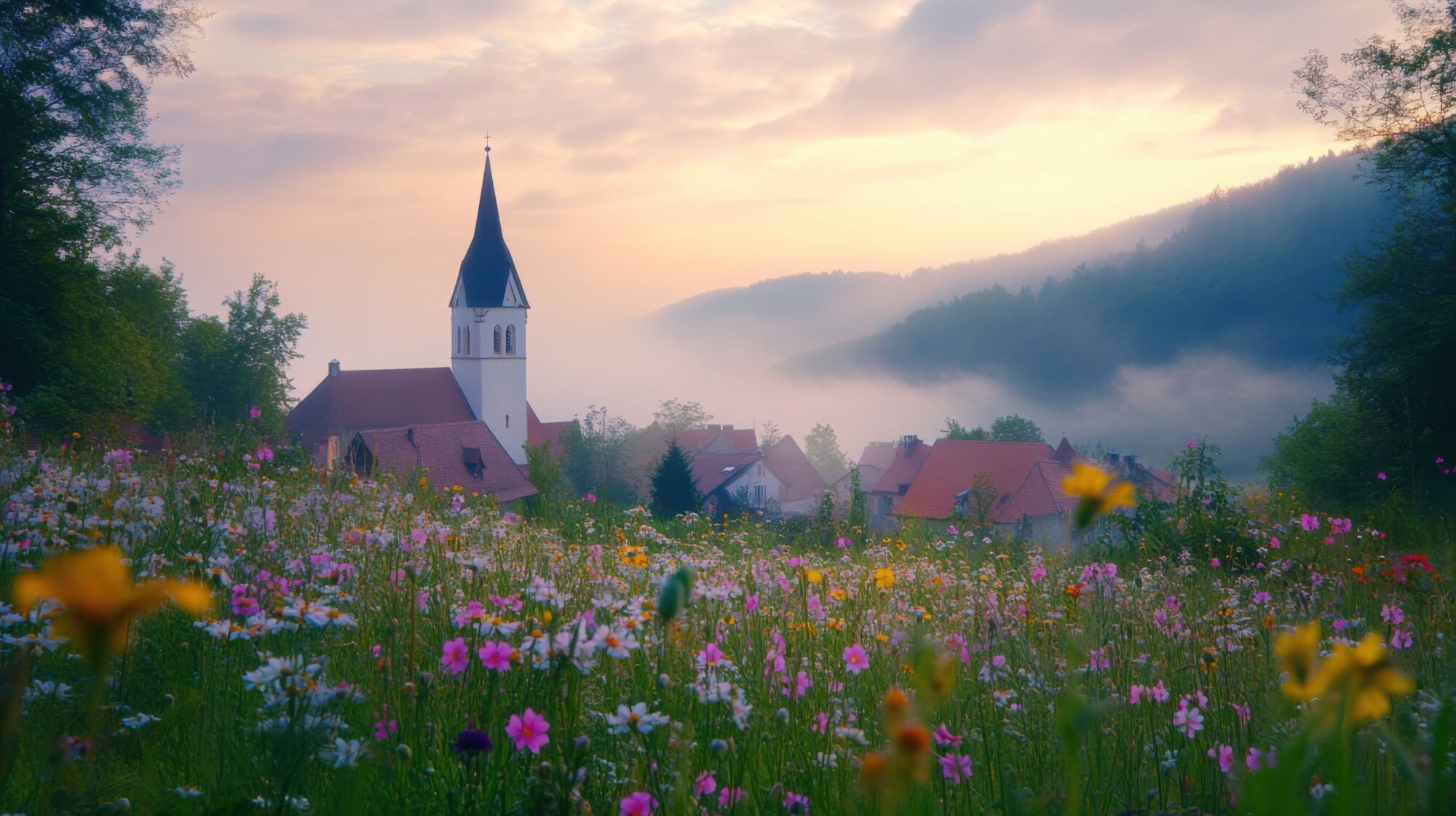 A tranquil view of a village church steeple surrounded by wildflowers at dawn in a misty landscape