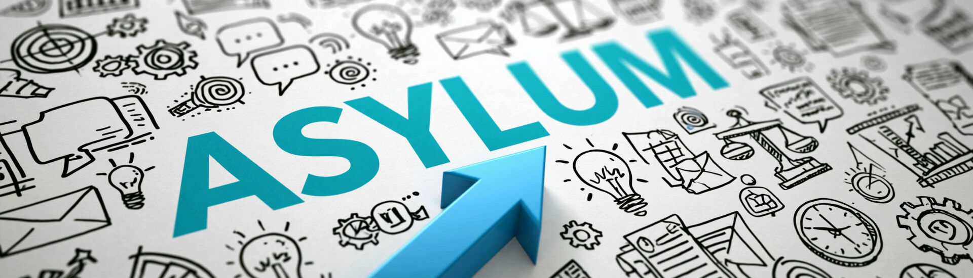 Asylum Concept: A dynamic visual representation of asylum, featuring the word ASYLUM prominently displayed with surrounding icons depicting legal processes, human rights.
