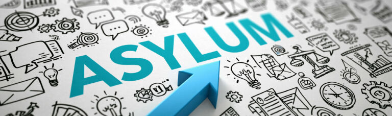 Asylum Concept: A dynamic visual representation of asylum, featuring the word ASYLUM prominently displayed with surrounding icons depicting legal processes, human rights.