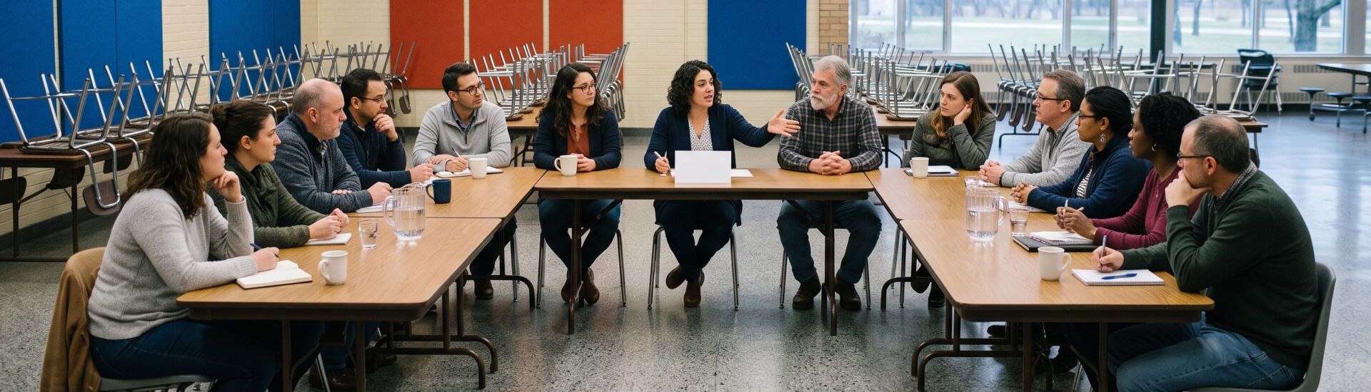 Community meeting in a school cafeteria space