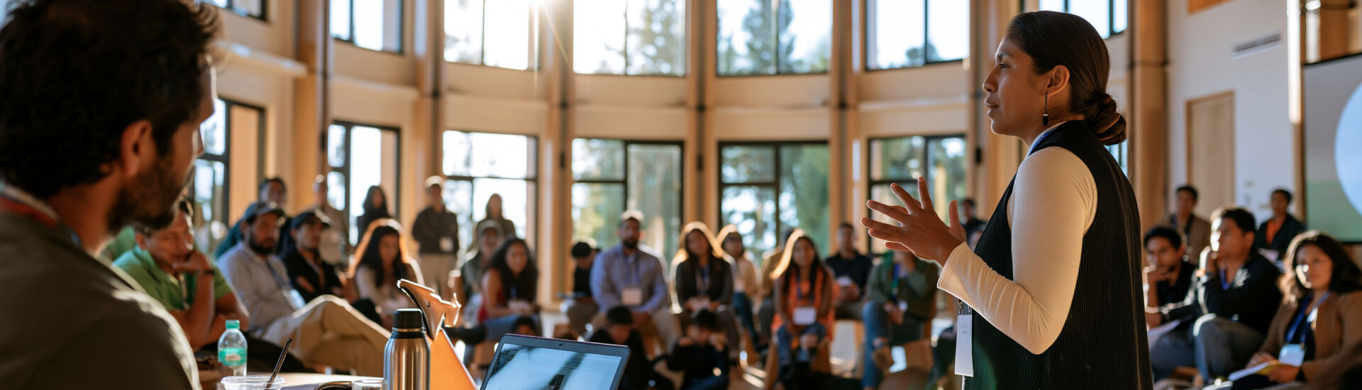Indigenous community meeting in a modern cultural center, local leadership, civic participation, community planning, intergenerational dialogue, documentary photography, with copy